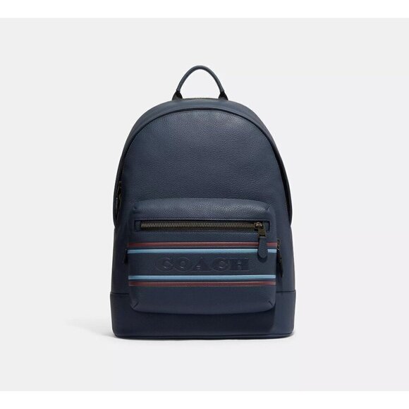 Coach West Backpack With Coach Stripe Gunmetal Denim Multi NEW main image 5